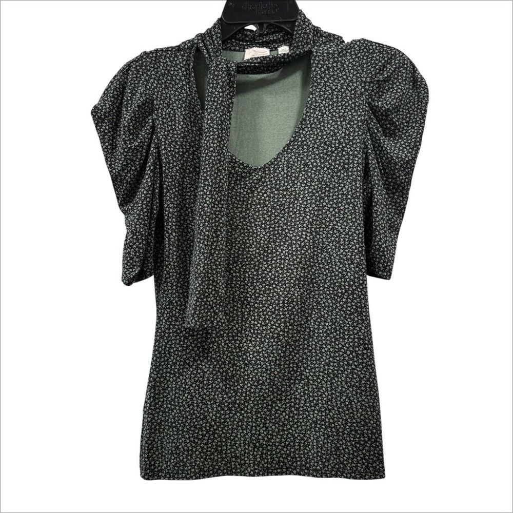 Postmark Anthropologie Green Ditsy Floral Tie Neck Blouse Size XS